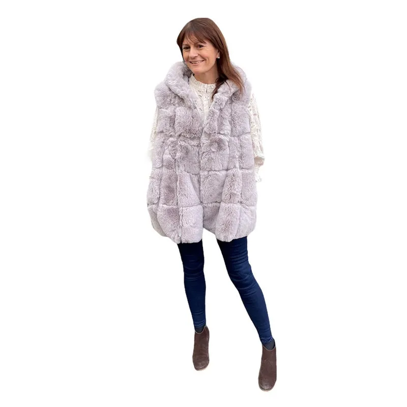 Faux Fur Long Hooded Gilet Powder Grey