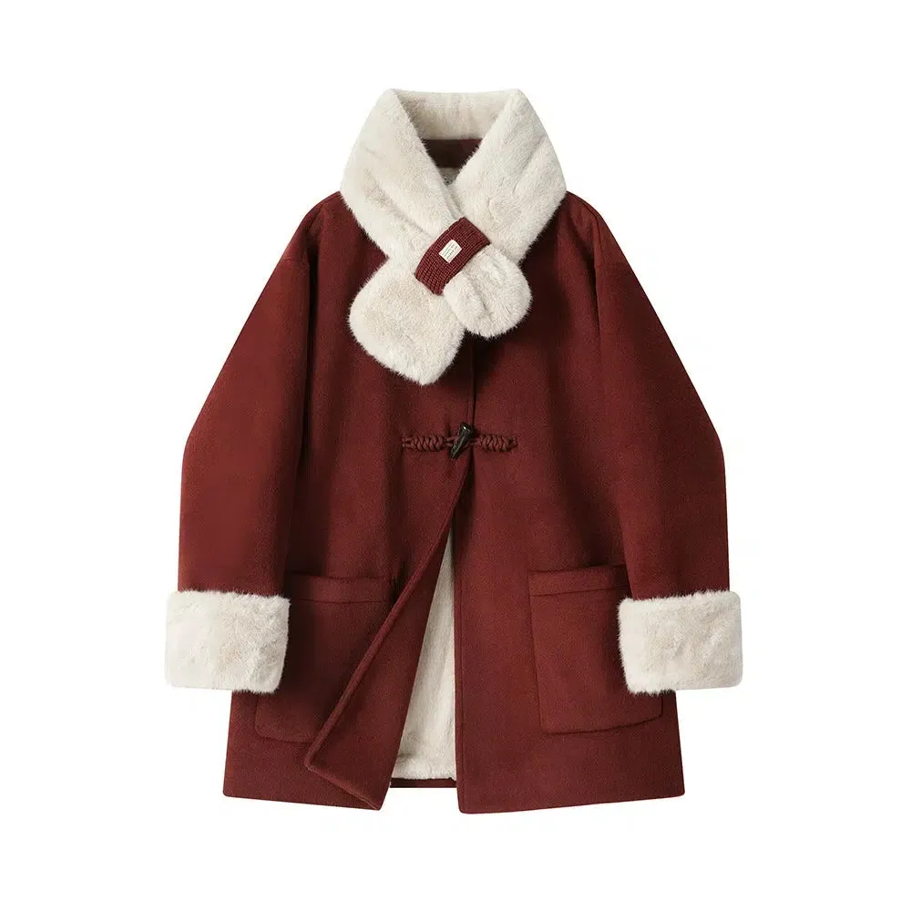 Faux Fur Trim Luxurious Wool Coat