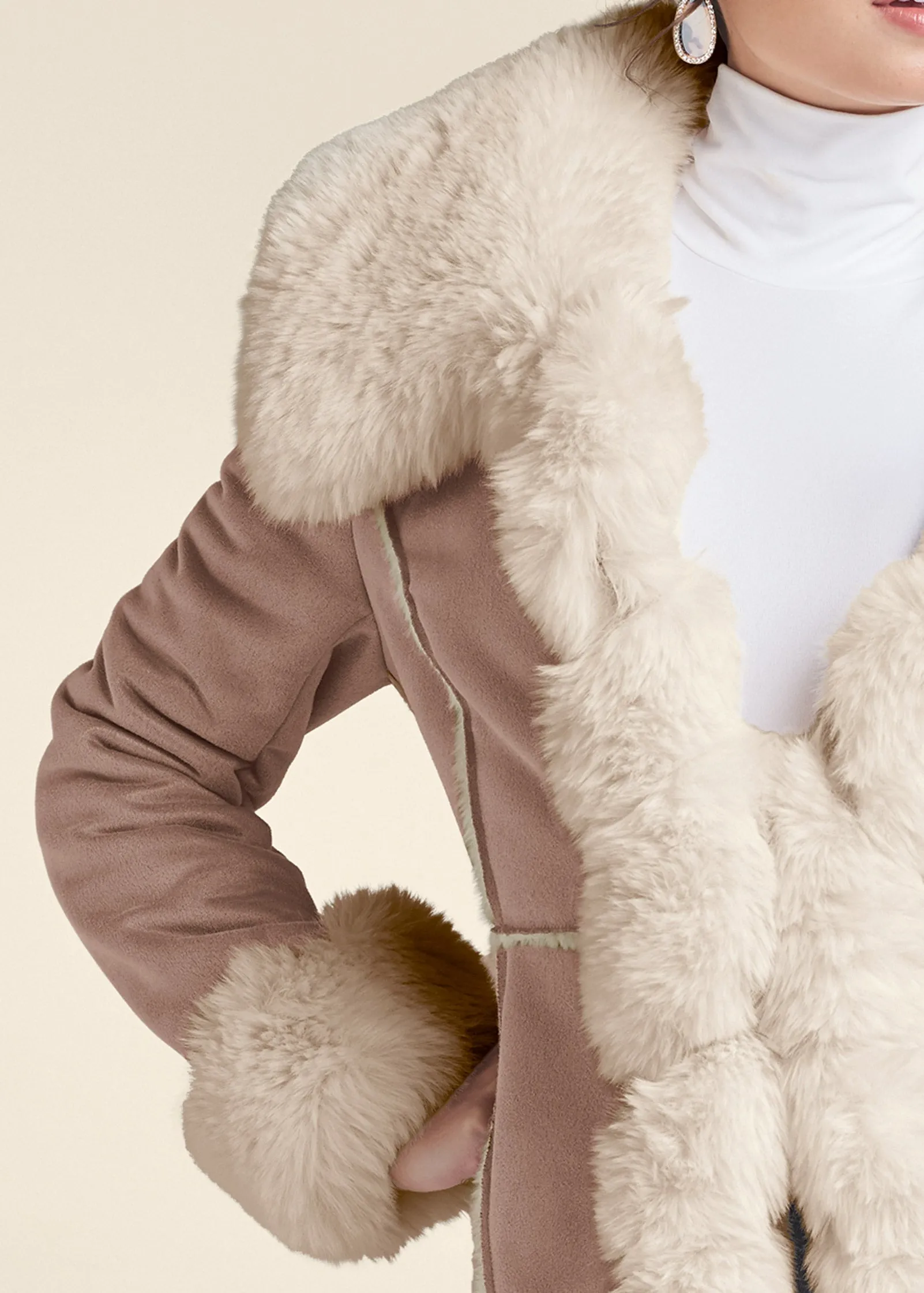 Faux-Suede-And-Fur Coat - Taupe & Off White