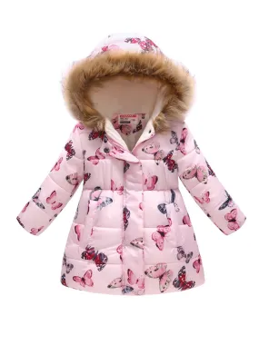 Flutter Bliss Butterfly Print Fur-Trim Hooded Puffer Coat