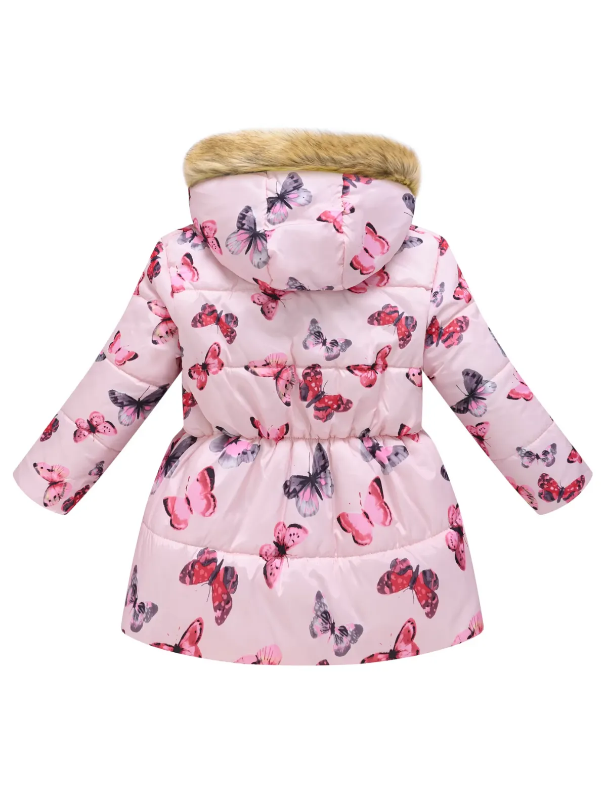 Flutter Bliss Butterfly Print Fur-Trim Hooded Puffer Coat