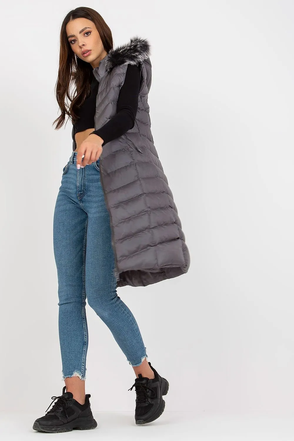 Gilet Rue Paris Long Quilted Fur Hood Vest