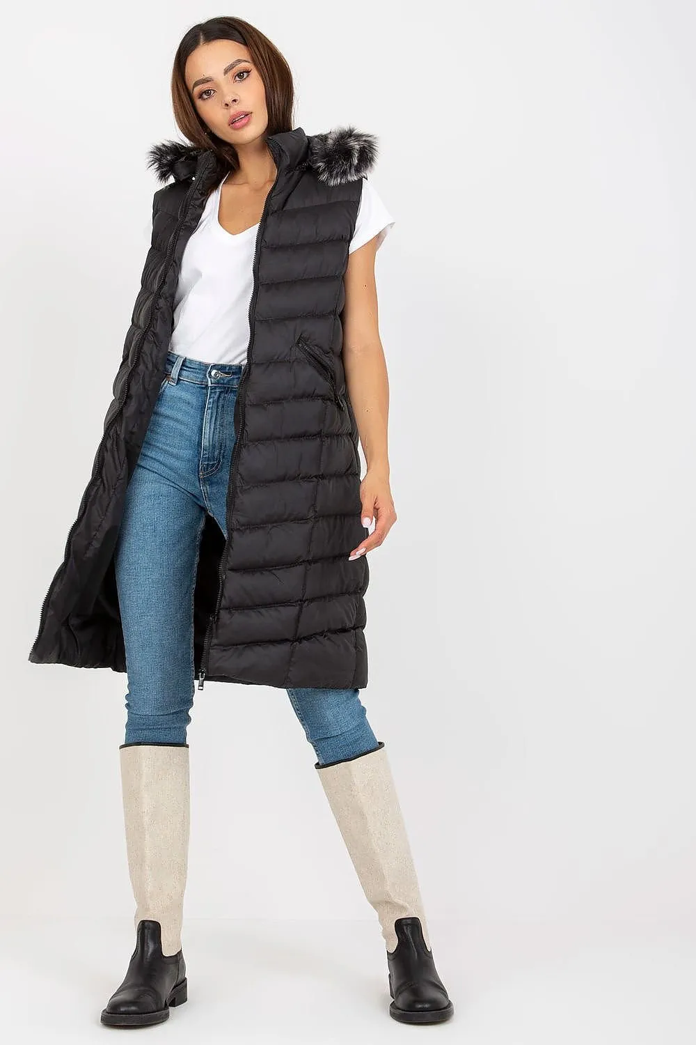 Gilet Rue Paris Long Quilted Fur Hood Vest