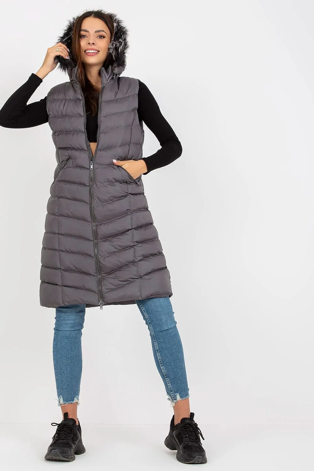 Gilet Rue Paris Long Quilted Fur Hood Vest