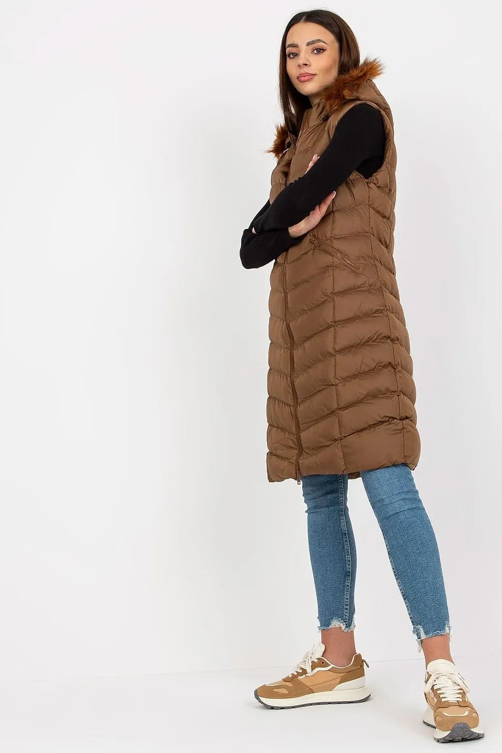 Gilet Rue Paris Long Quilted Fur Hood Vest