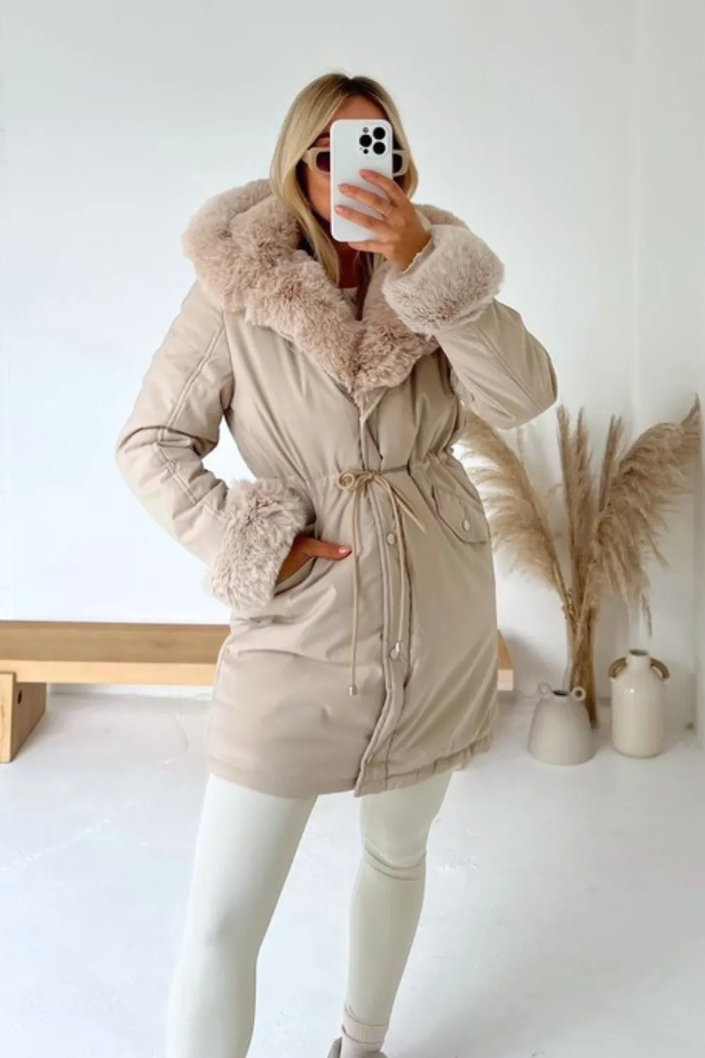 Grace cream parker coat with fur trim hood