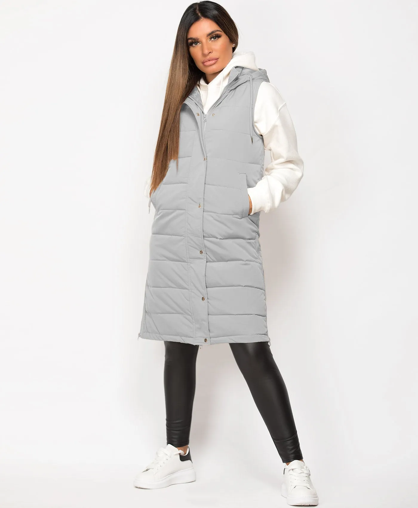 Grey Hooded Side Split Quilted Puffer Long Gilet Bodywarmer