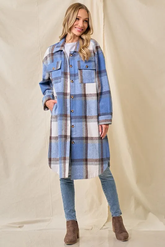 Hayley Brushed Plaid Longline Shacket - Blue