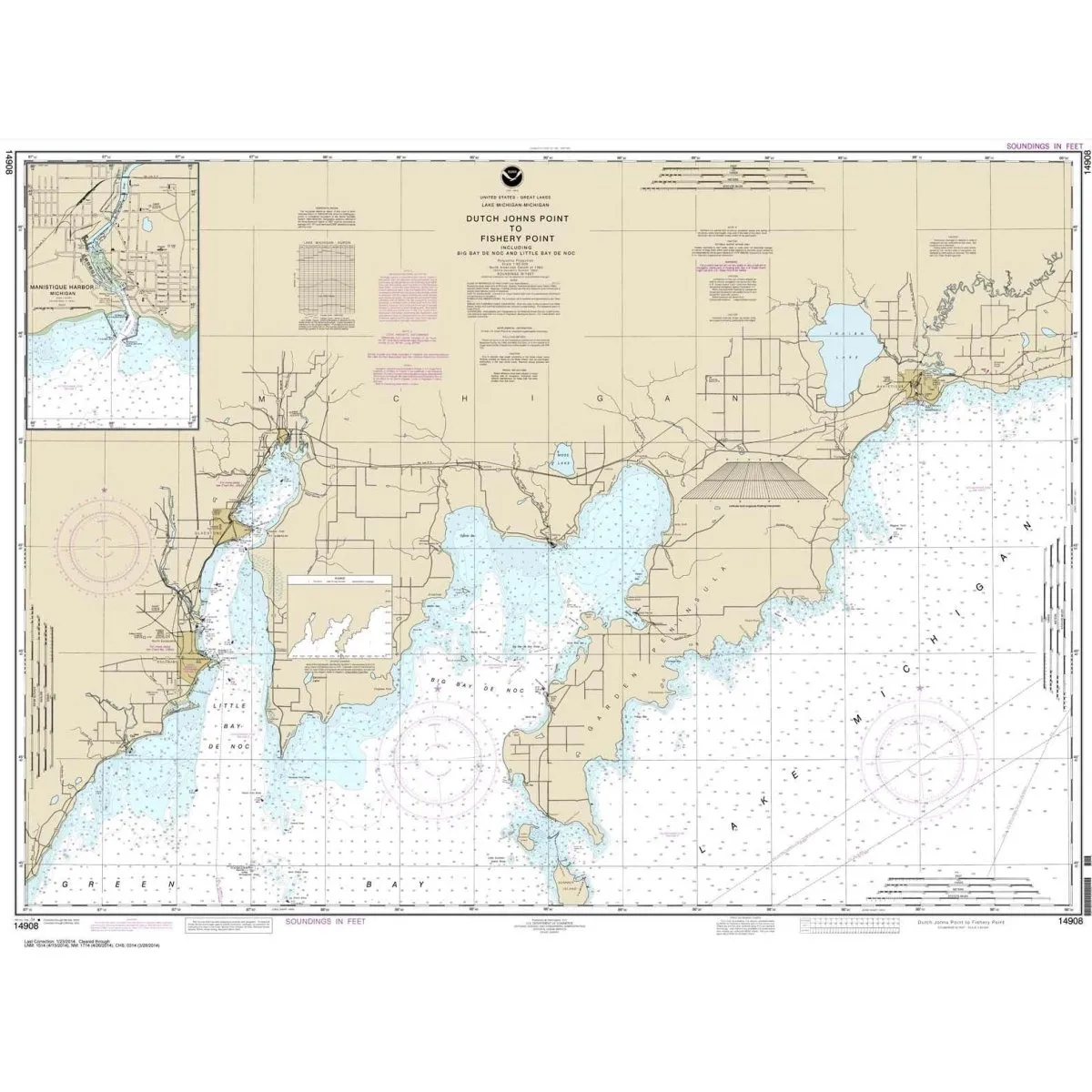 Historical NOAA Chart 14908: Dutch Johns Point to Fishery Point: including Big Bay de Noc and Little Bay de Noc; Manistique