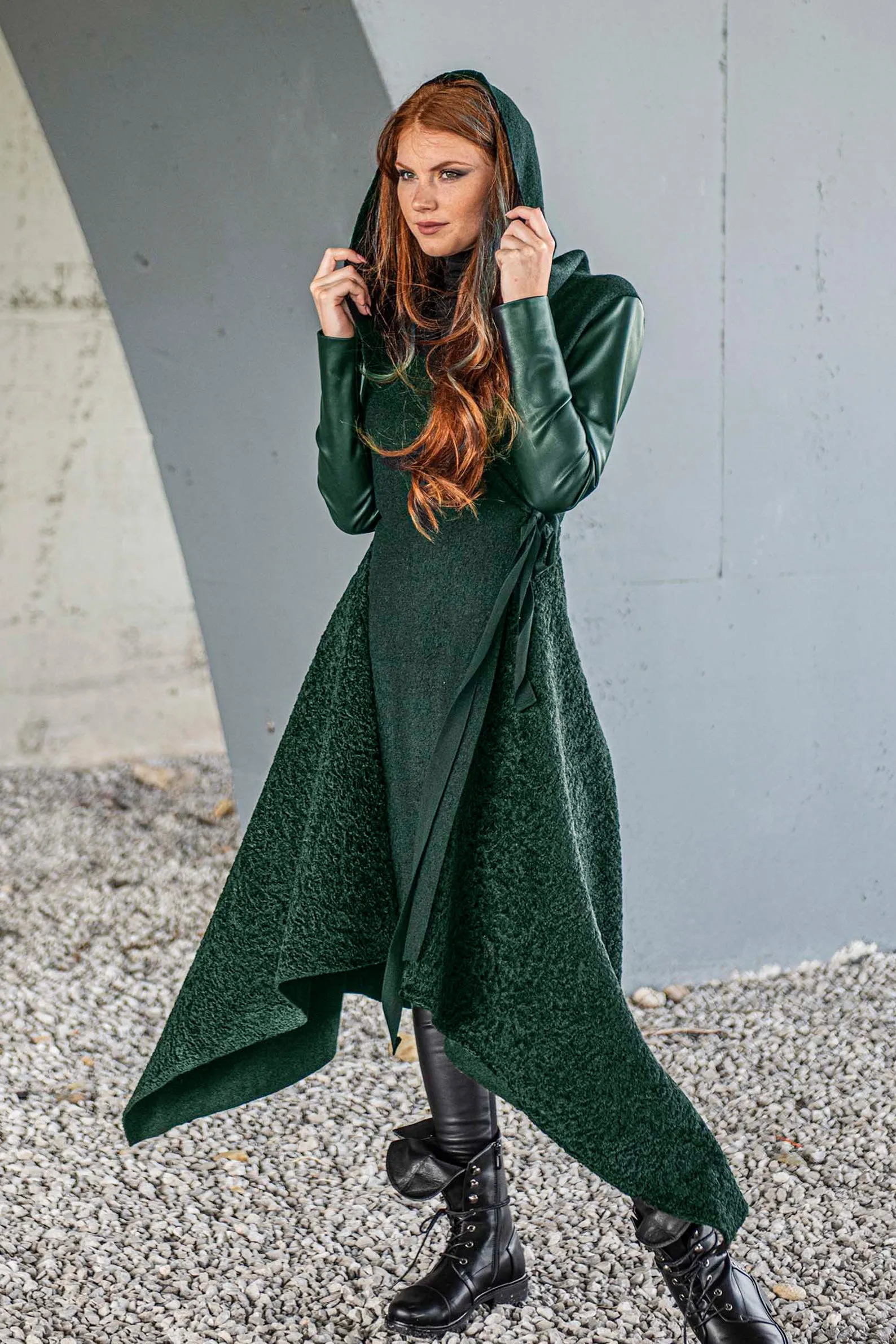 Hooded Asymmetric Green Coat