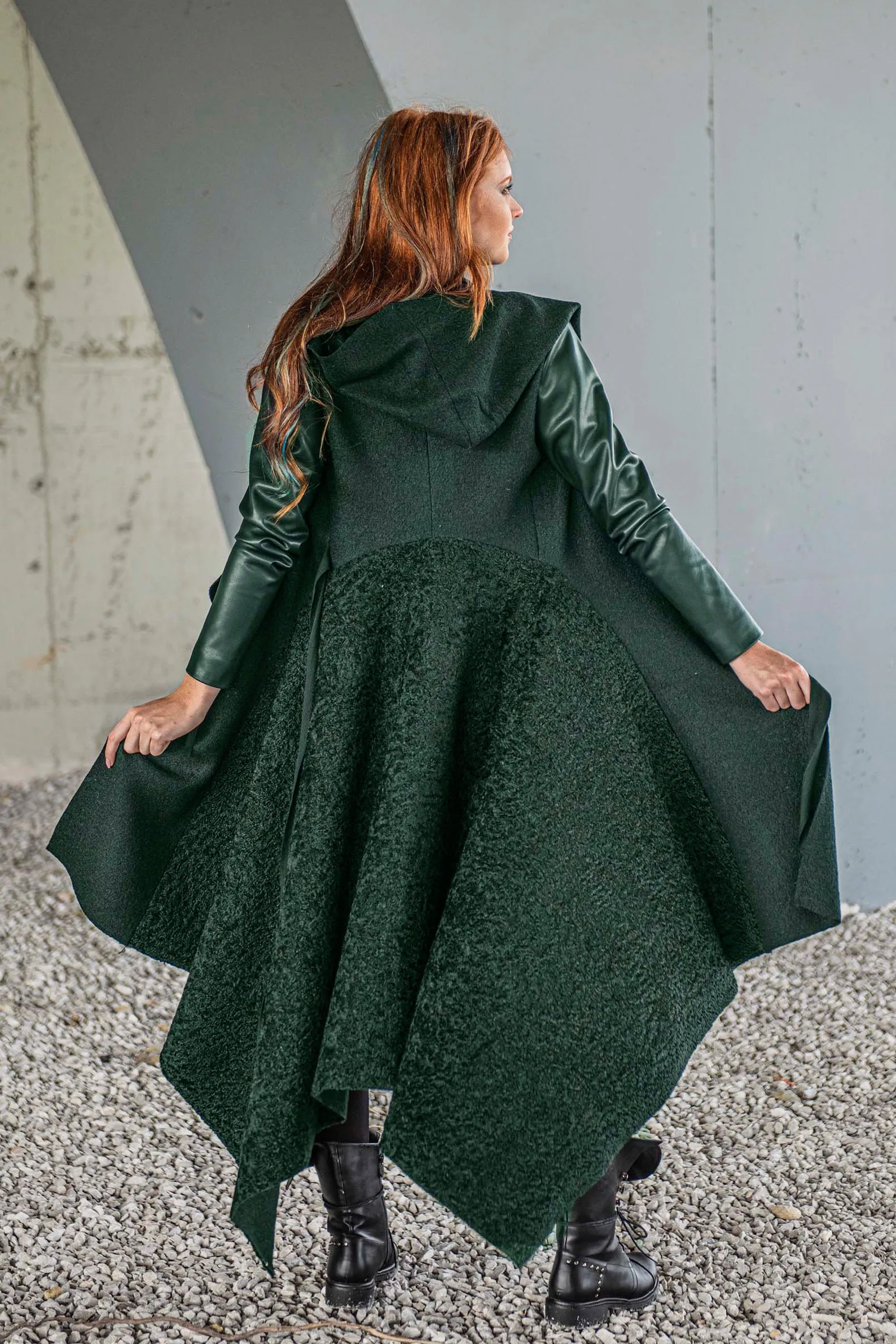 Hooded Asymmetric Green Coat