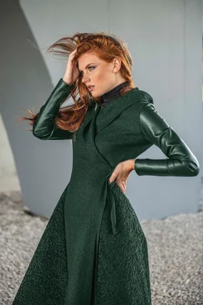 Hooded Asymmetric Green Coat