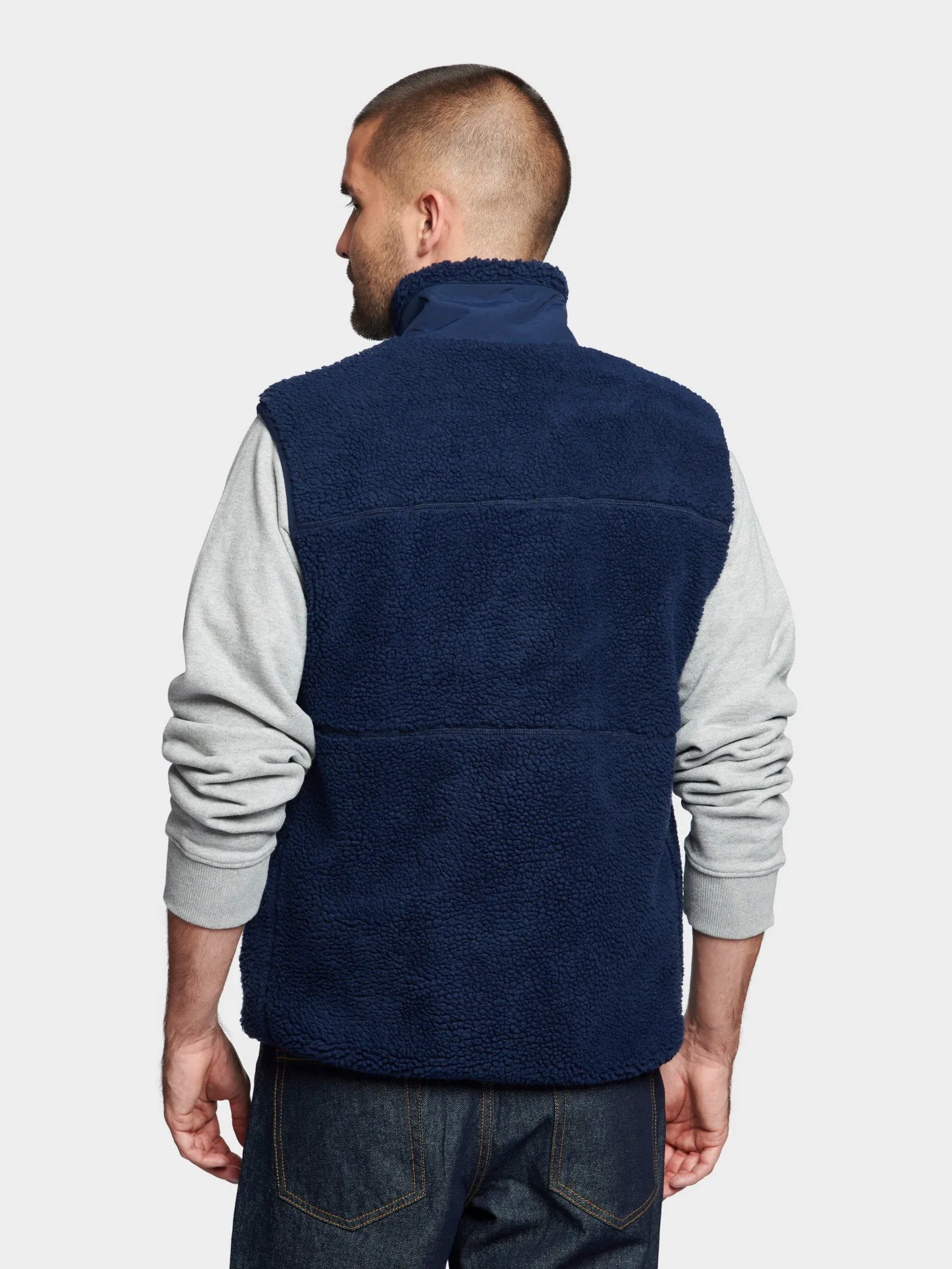 Hudson Script Borg Fleece Vest in Navy Blue