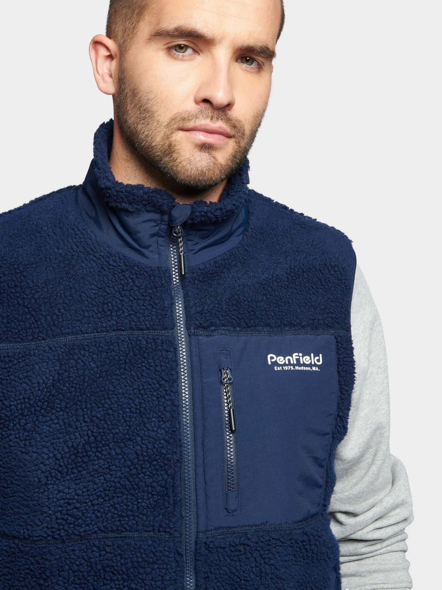 Hudson Script Borg Fleece Vest in Navy Blue