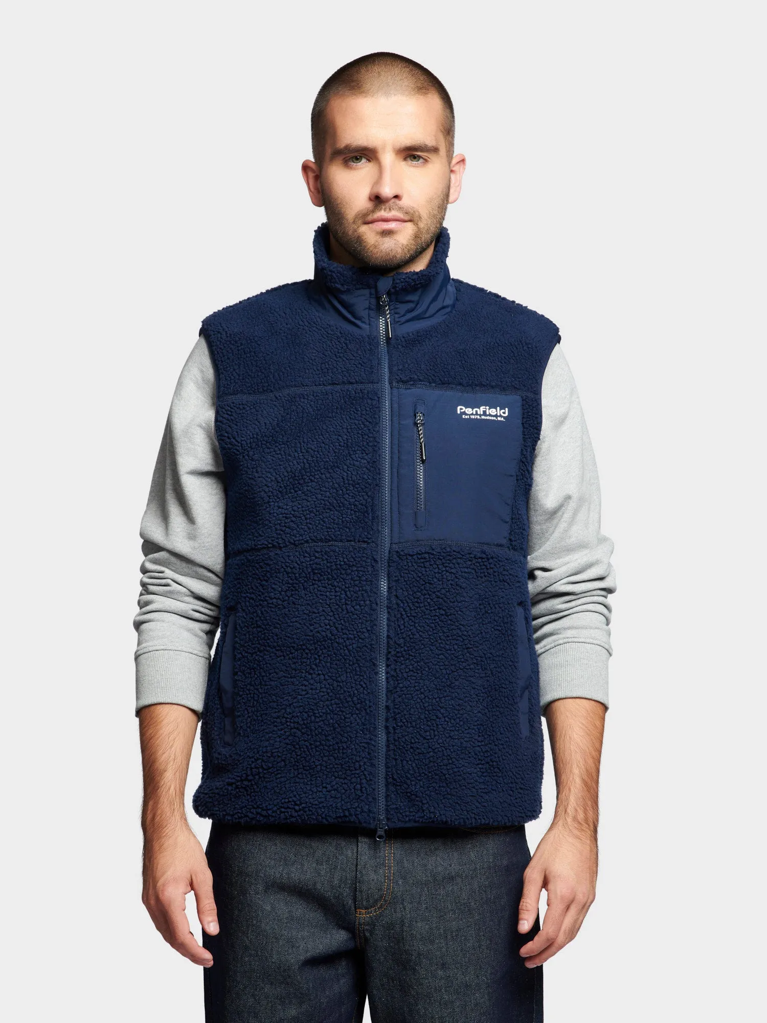 Hudson Script Borg Fleece Vest in Navy Blue