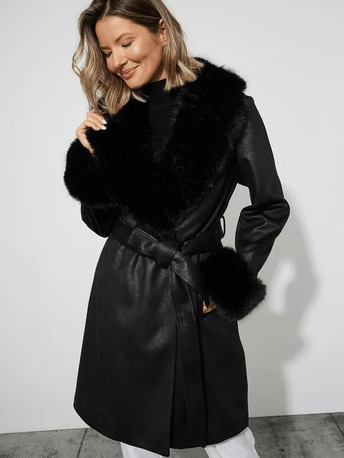 Joseph Ribkoff Black Faux Fur Trim Coat 223918 11