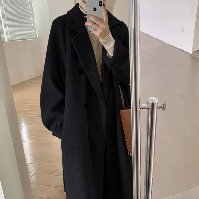 Joskaa Long Section Tweed Coat Women Korean Fashion Commuter Lapel Loose Oversized Double-breasted Black Jacket Fall Outfits 2024