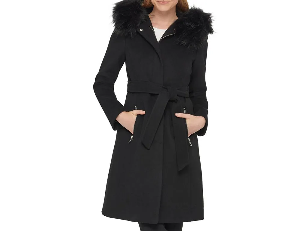 Karl Lagerfeld Faux Fur Trim Wool Blend Coat