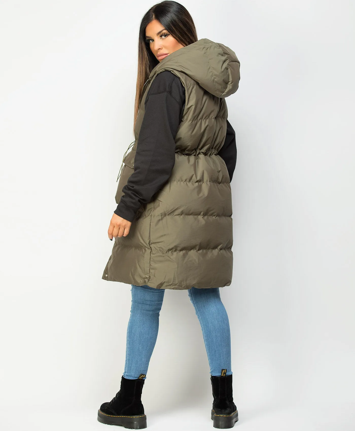 Khaki Hooded Drawstring Waist Quilted Long Gilet Bodywarmer