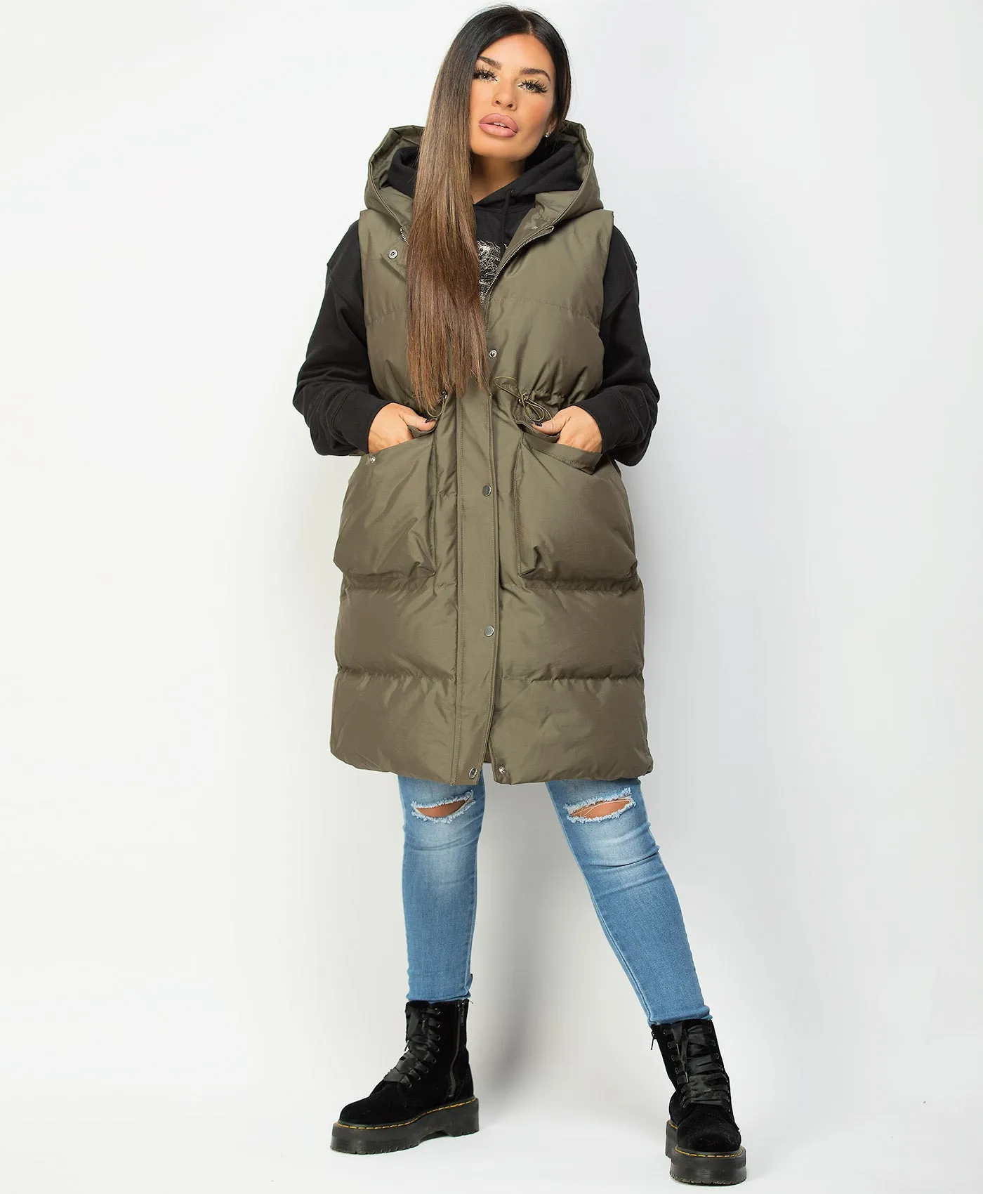 Khaki Hooded Drawstring Waist Quilted Long Gilet Bodywarmer