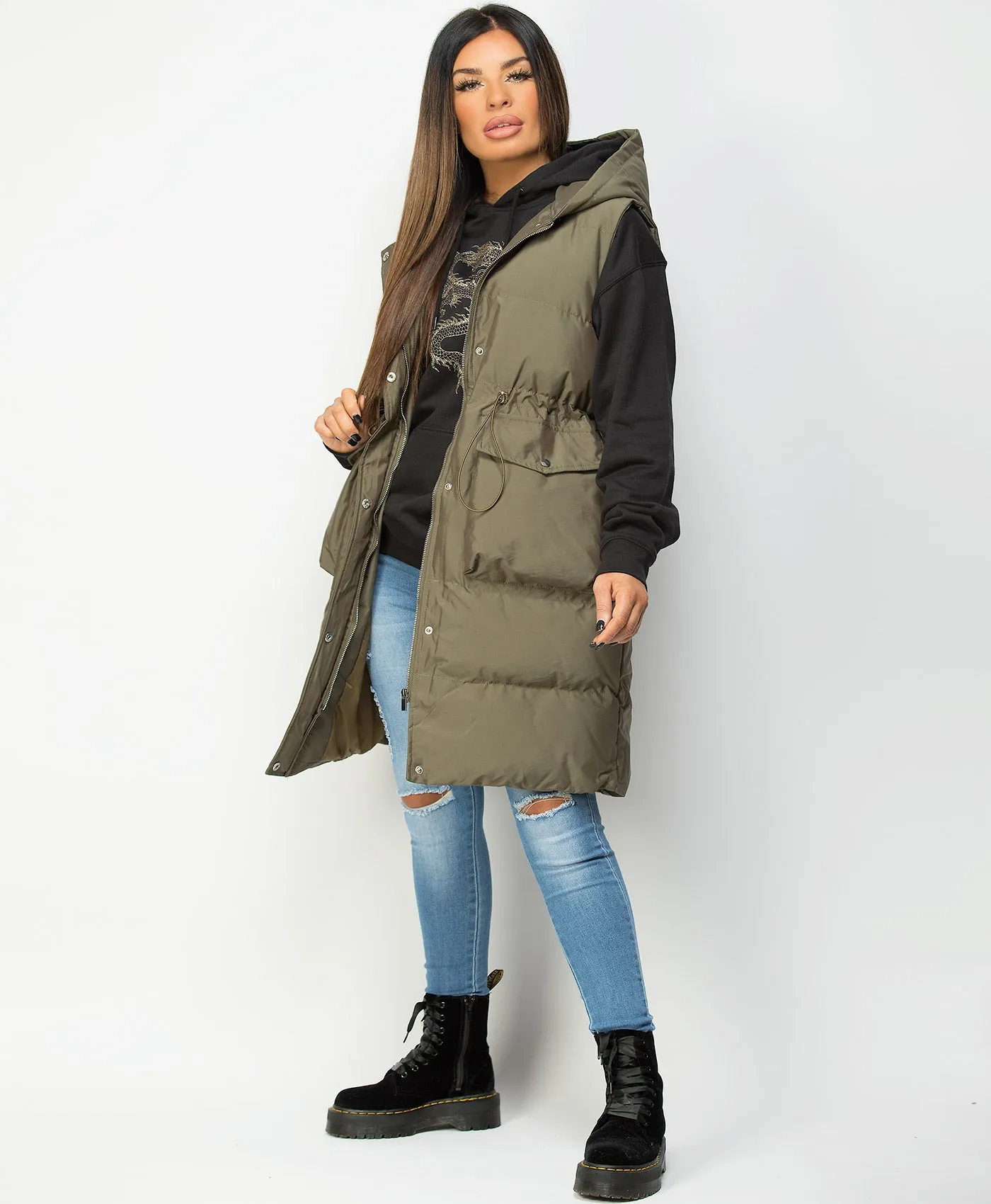 Khaki Hooded Drawstring Waist Quilted Long Gilet Bodywarmer