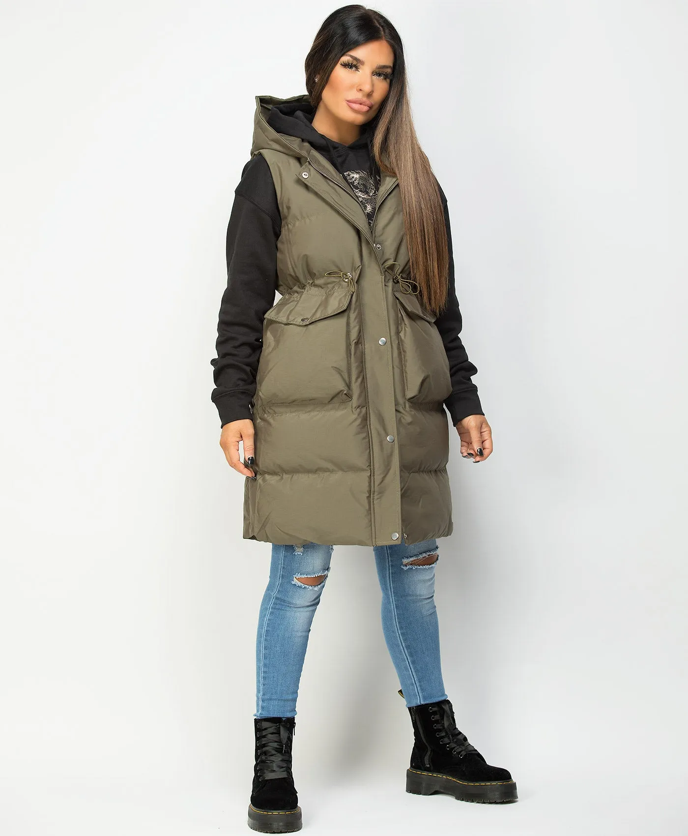 Khaki Hooded Drawstring Waist Quilted Long Gilet Bodywarmer