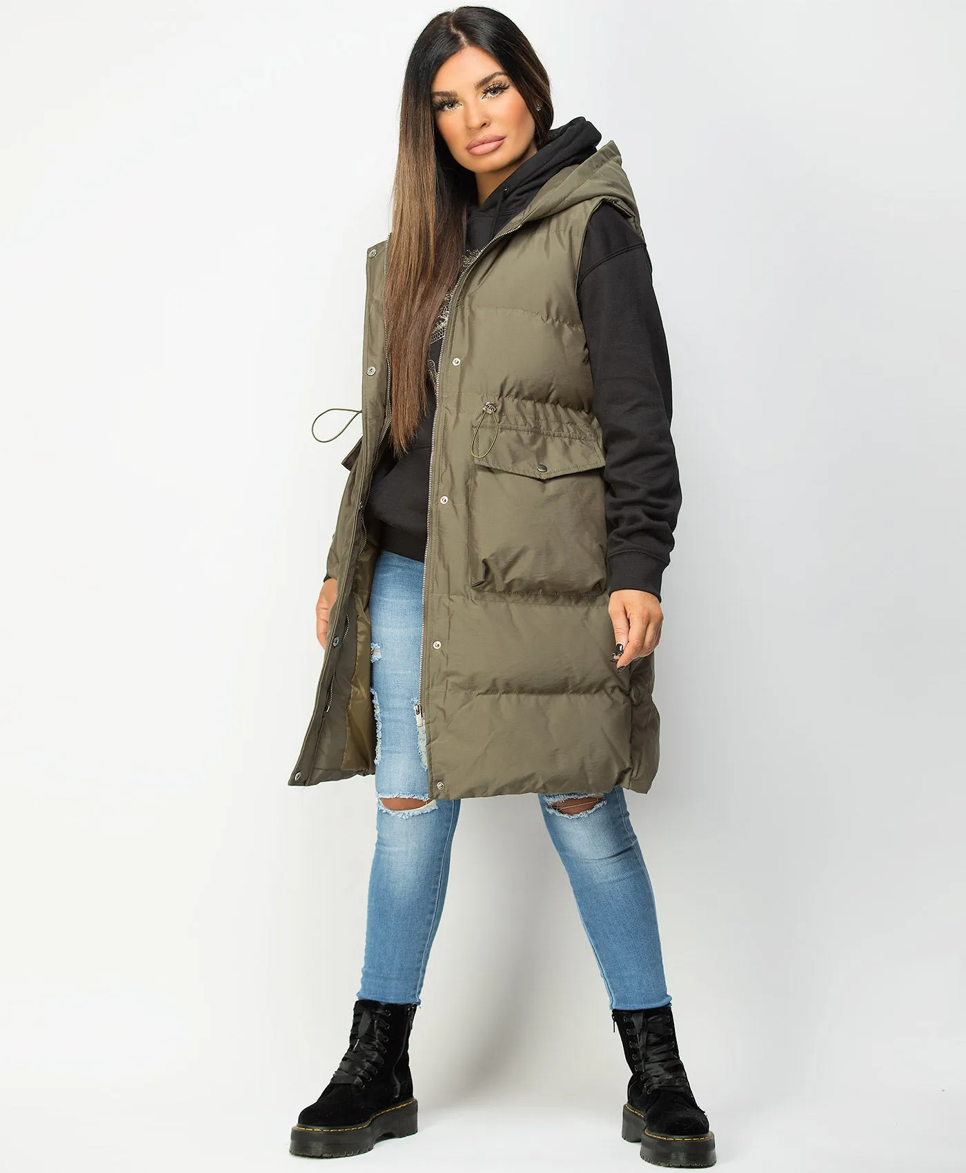 Khaki Hooded Drawstring Waist Quilted Long Gilet Bodywarmer