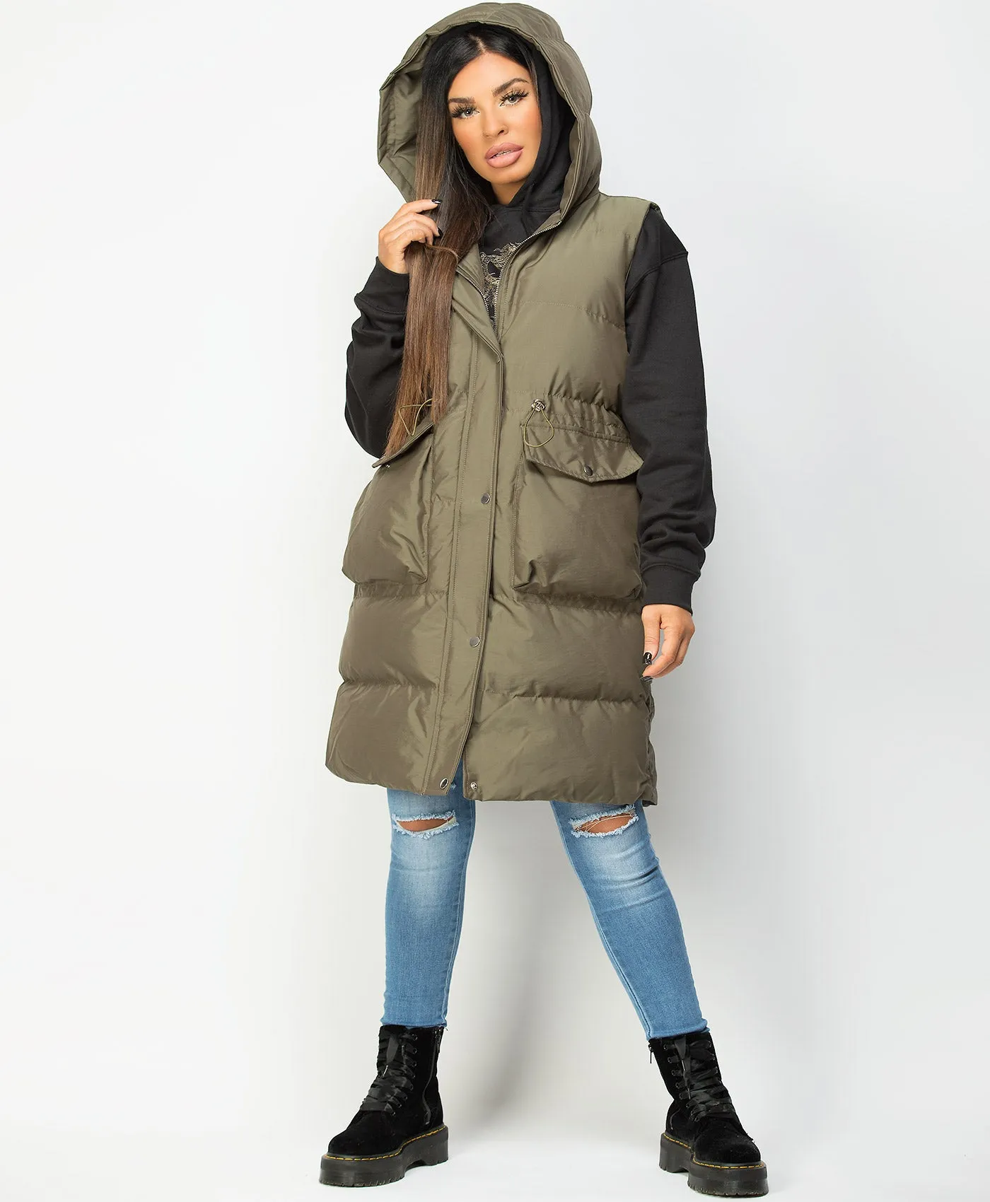 Khaki Hooded Drawstring Waist Quilted Long Gilet Bodywarmer