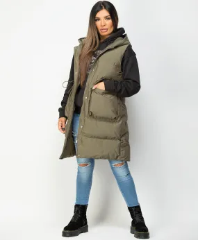 Khaki Hooded Drawstring Waist Quilted Long Gilet Bodywarmer