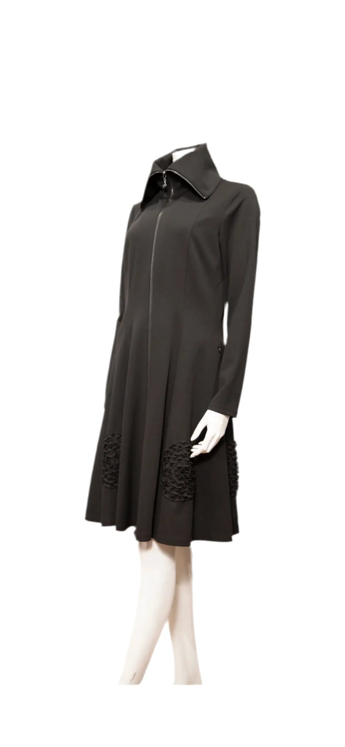 Knit crepe zip front coat/dress with swirling flower hem