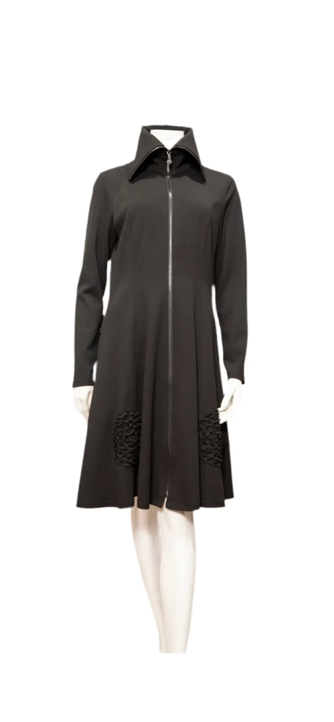 Knit crepe zip front coat/dress with swirling flower hem