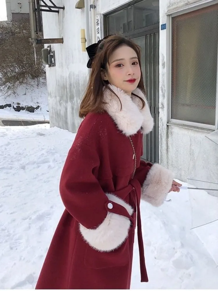 Korean Style Old Money Aesthetic Elegant Cherry Red Faux Fur Trim Midi Coat