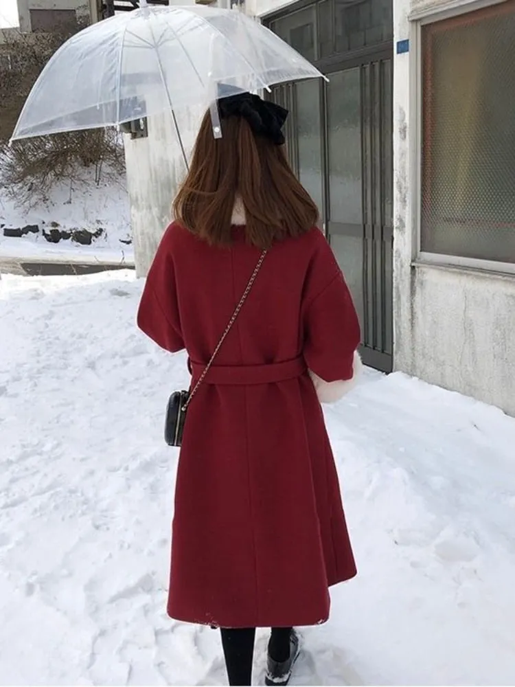 Korean Style Old Money Aesthetic Elegant Cherry Red Faux Fur Trim Midi Coat