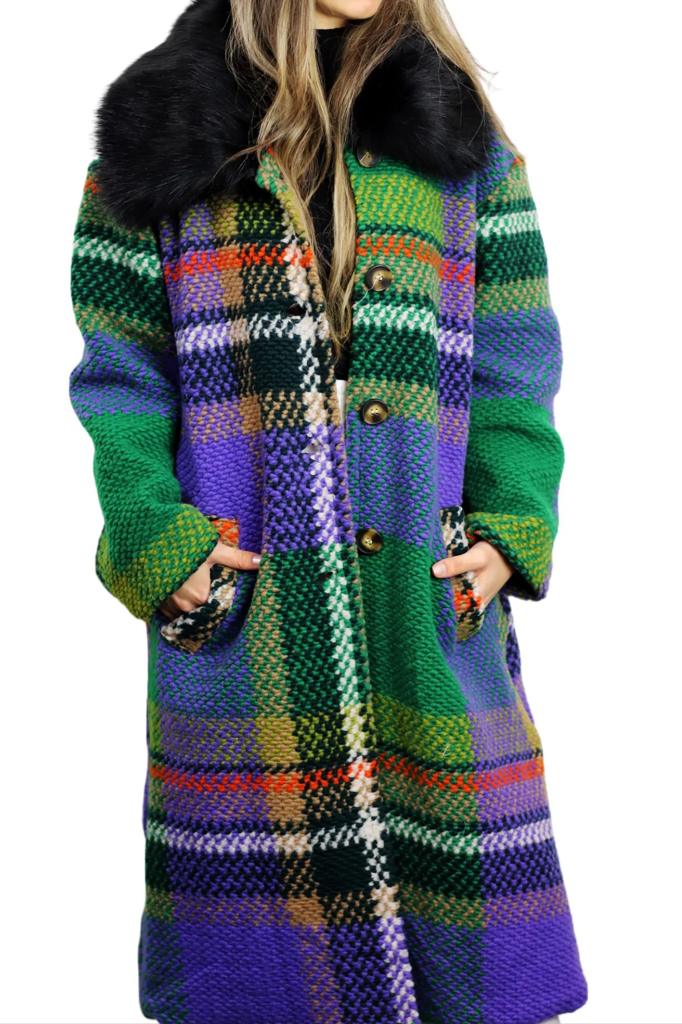 La Fiorentina Long Plaid Wool Coat w/ Faux Fur Trim- Green/Black