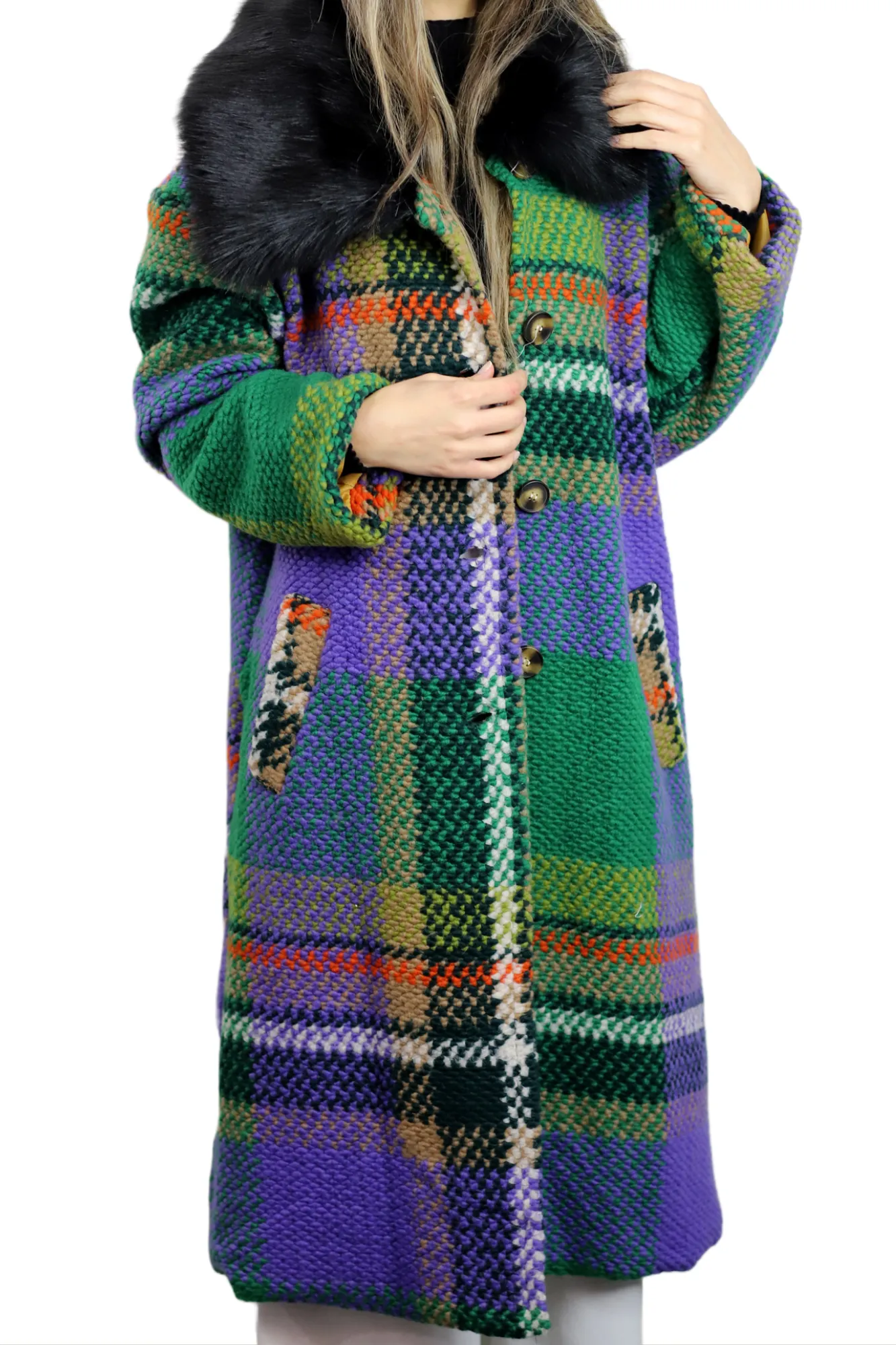 La Fiorentina Long Plaid Wool Coat w/ Faux Fur Trim- Green/Black