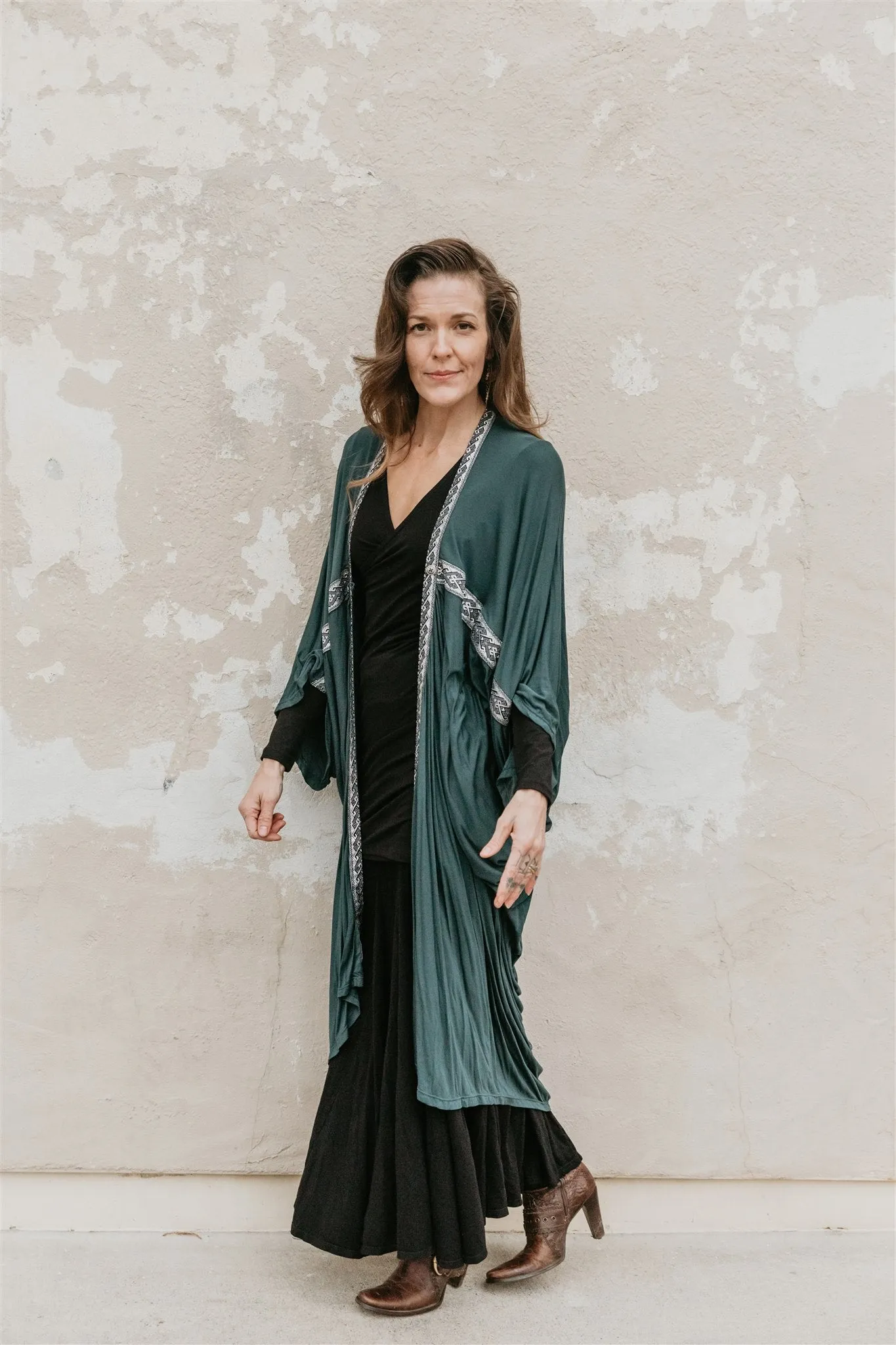 Long Cocoon Coat - Teal w/Trim