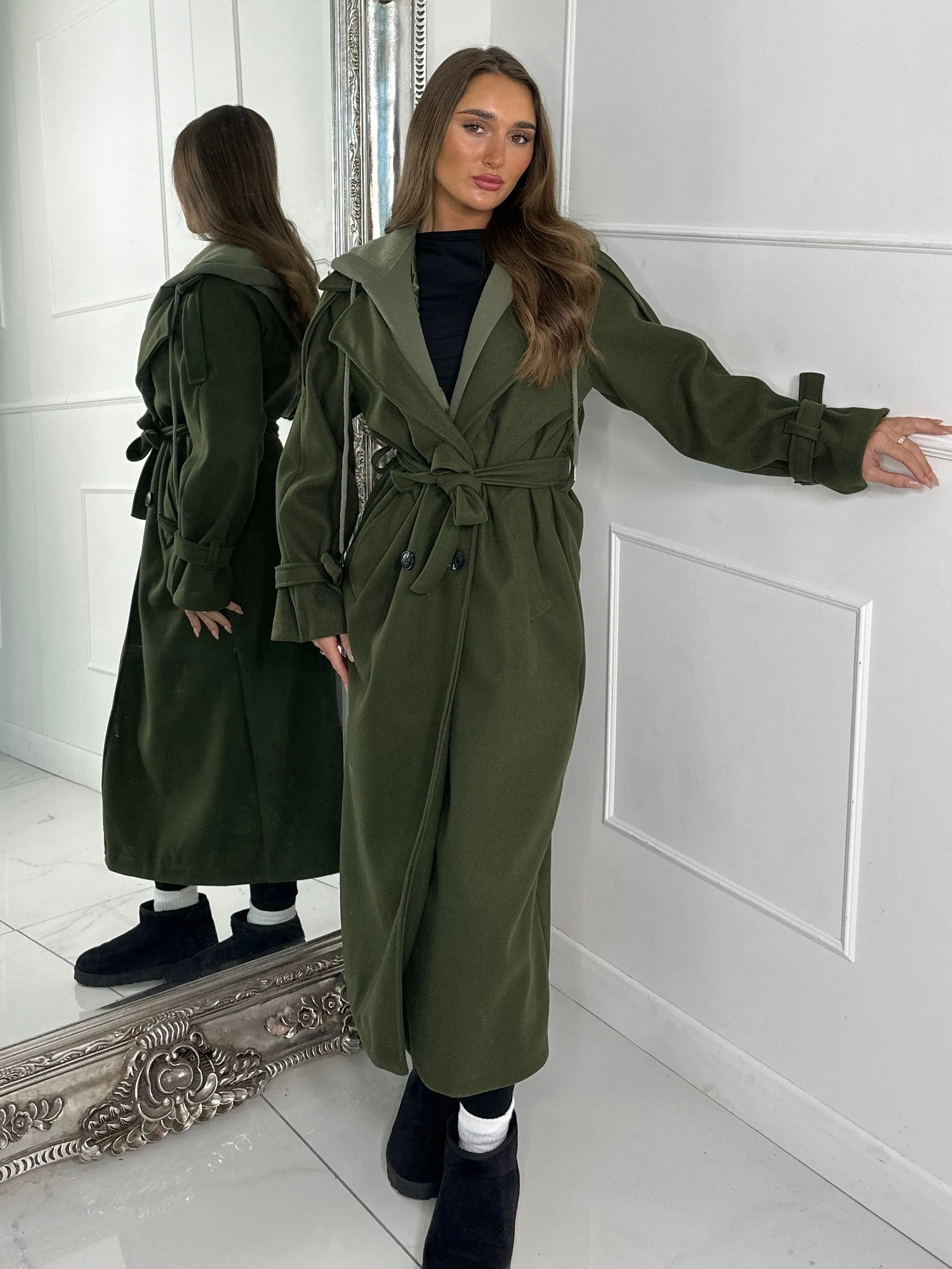 Longline Trench Coat With Attached Hood - Khaki