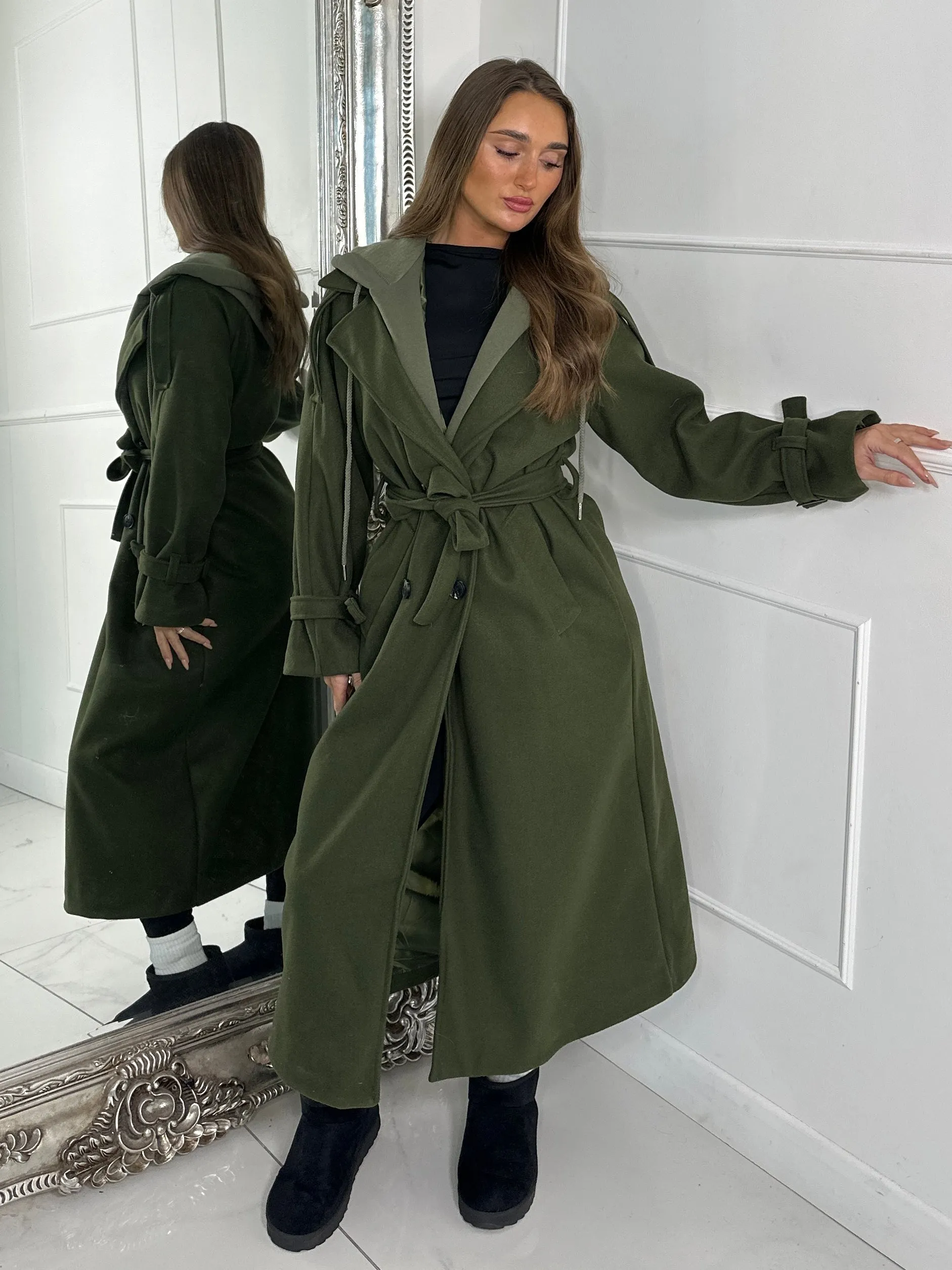 Longline Trench Coat With Attached Hood - Khaki