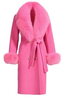 LORINA Pink Cashmere Midi Coat with Fox Fur