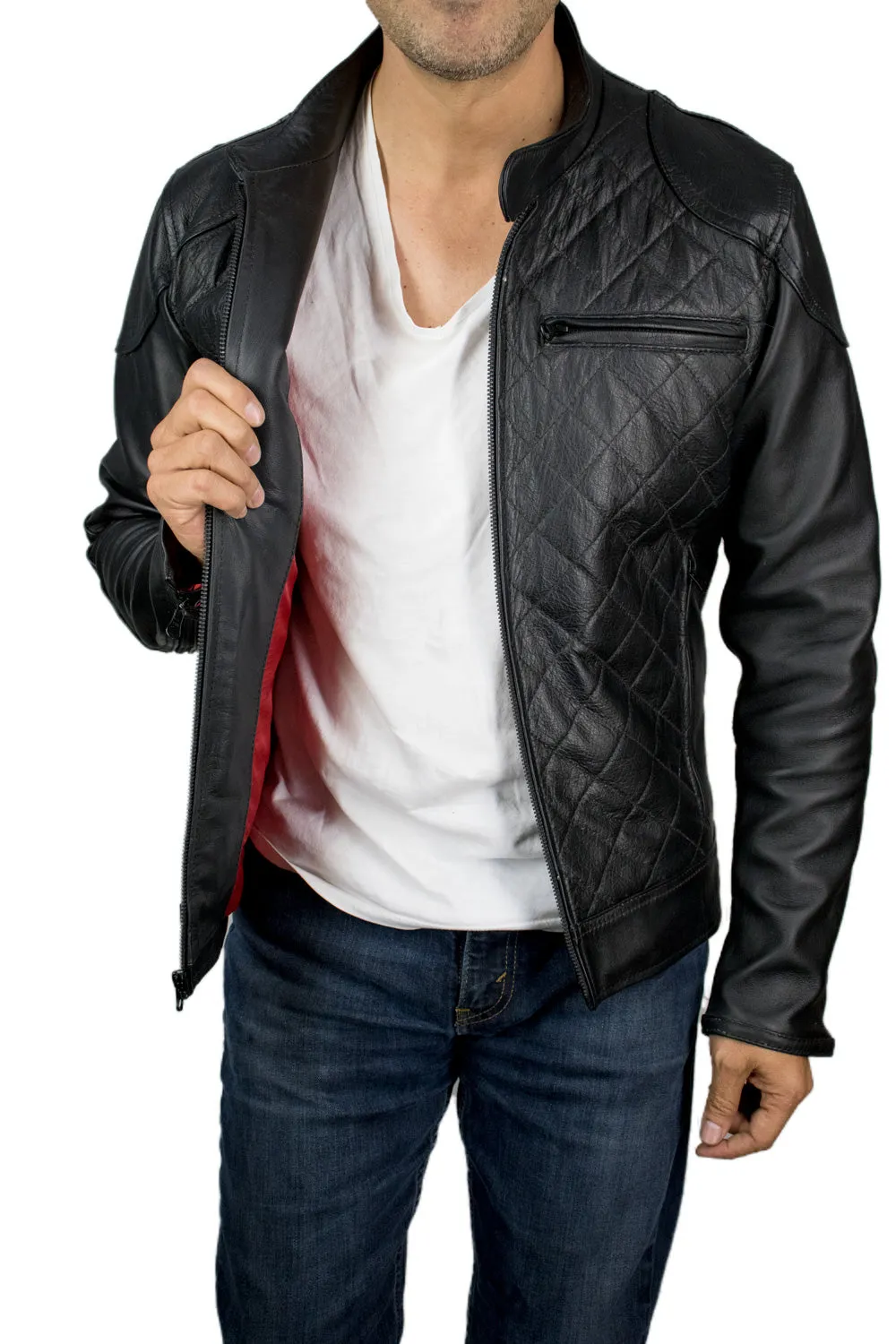 MANSFIELD Leather Jacket Black - Front Diamonds shapes