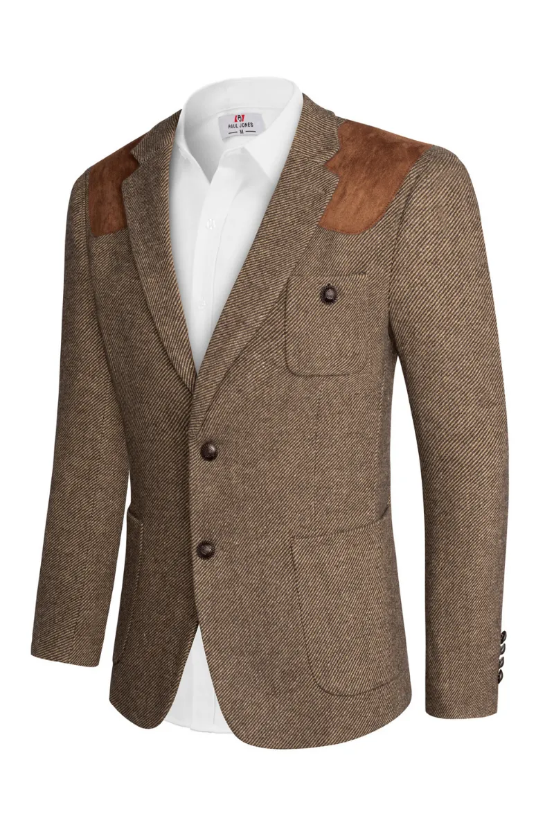 Men Faux Suede Patchwork Blazer Coat Notch Lapel Two-Button Back Slit Coat