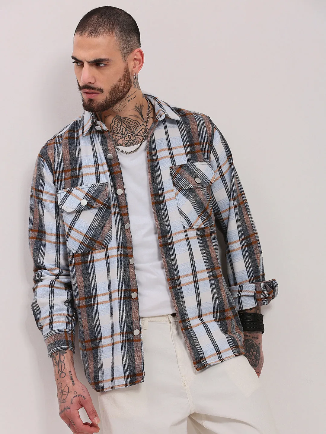 Men Grey Checked Shacket