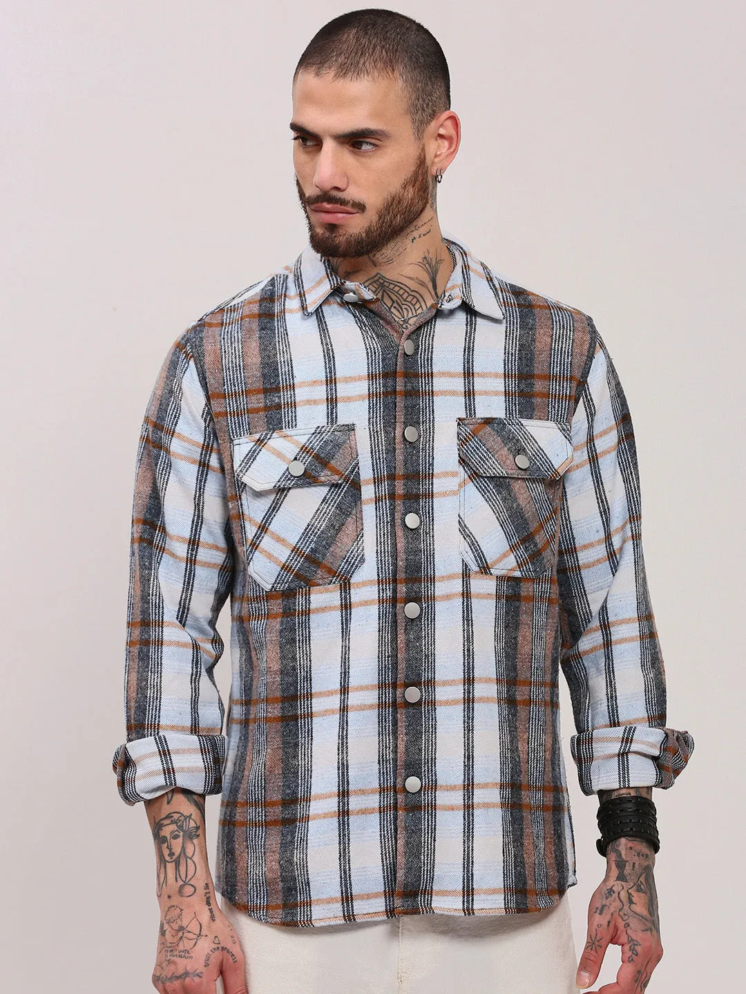 Men Grey Checked Shacket