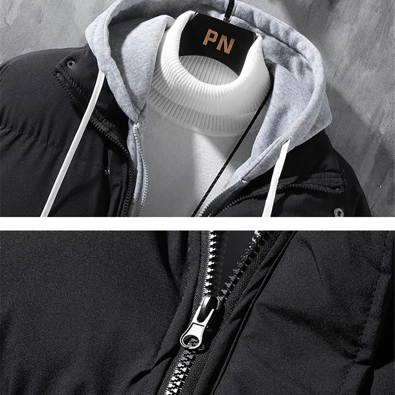 Men Winter Windproof  Two-piece Hooded Coat Solid Leisure Sports Cotton Jacket