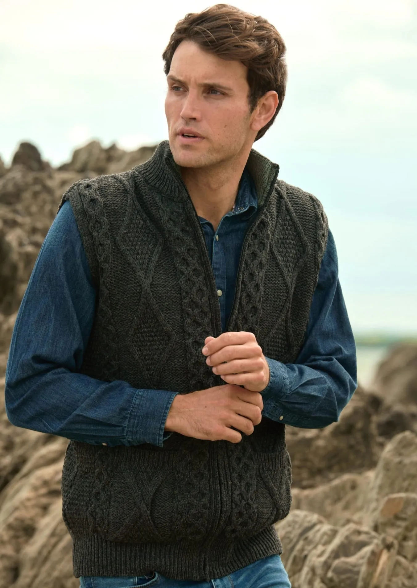 Men's Aran Zip Gilet | Charcoal