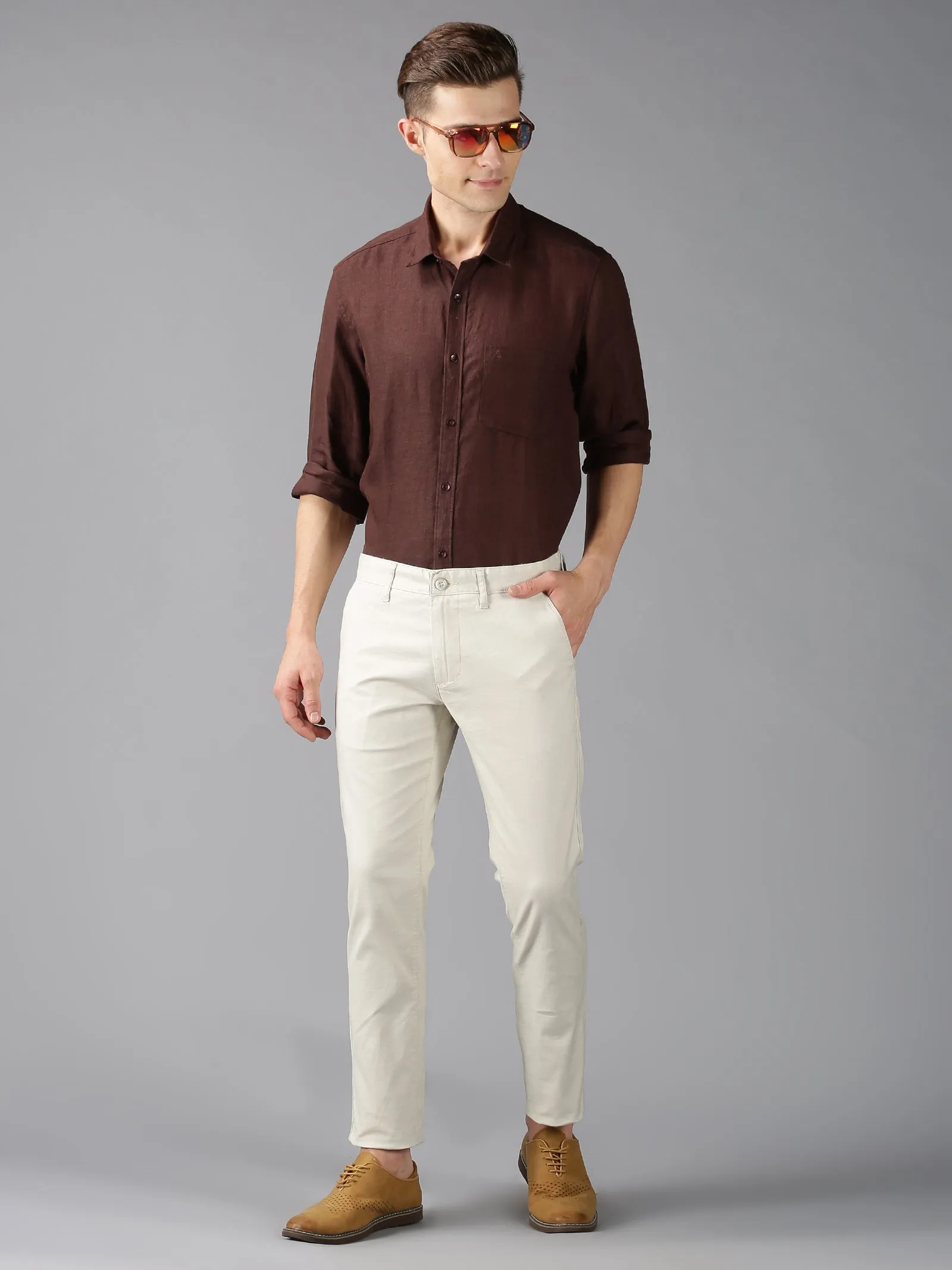 MEN'S ECRU SOLID SLIM FIT TROUSER