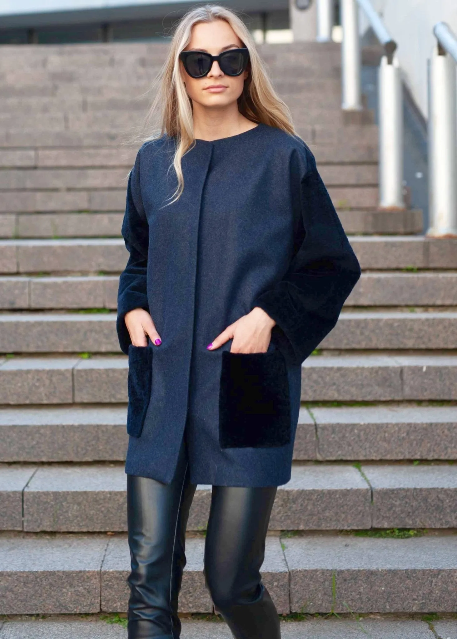 Navy Blue Shearling Coat