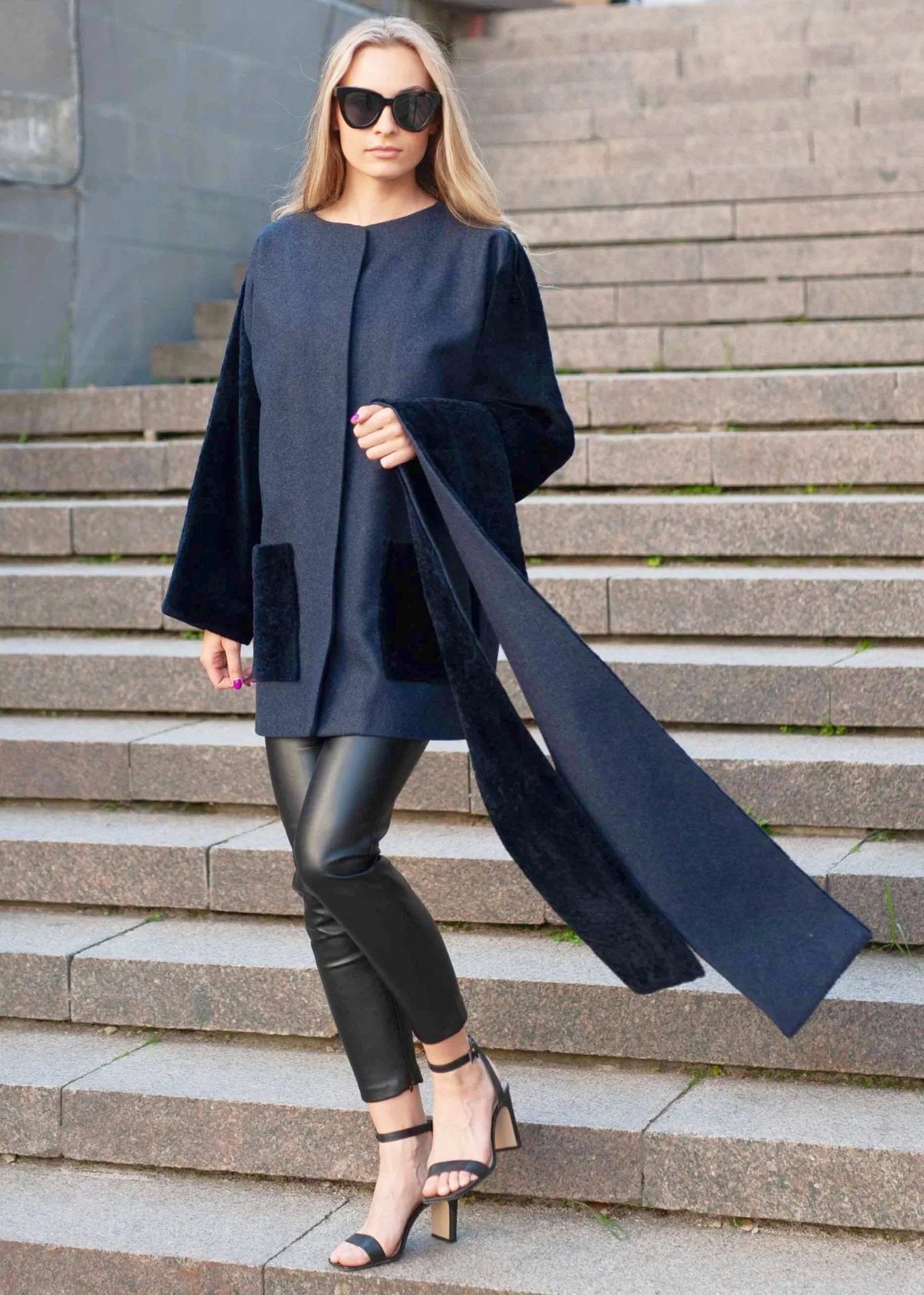 Navy Blue Shearling Coat