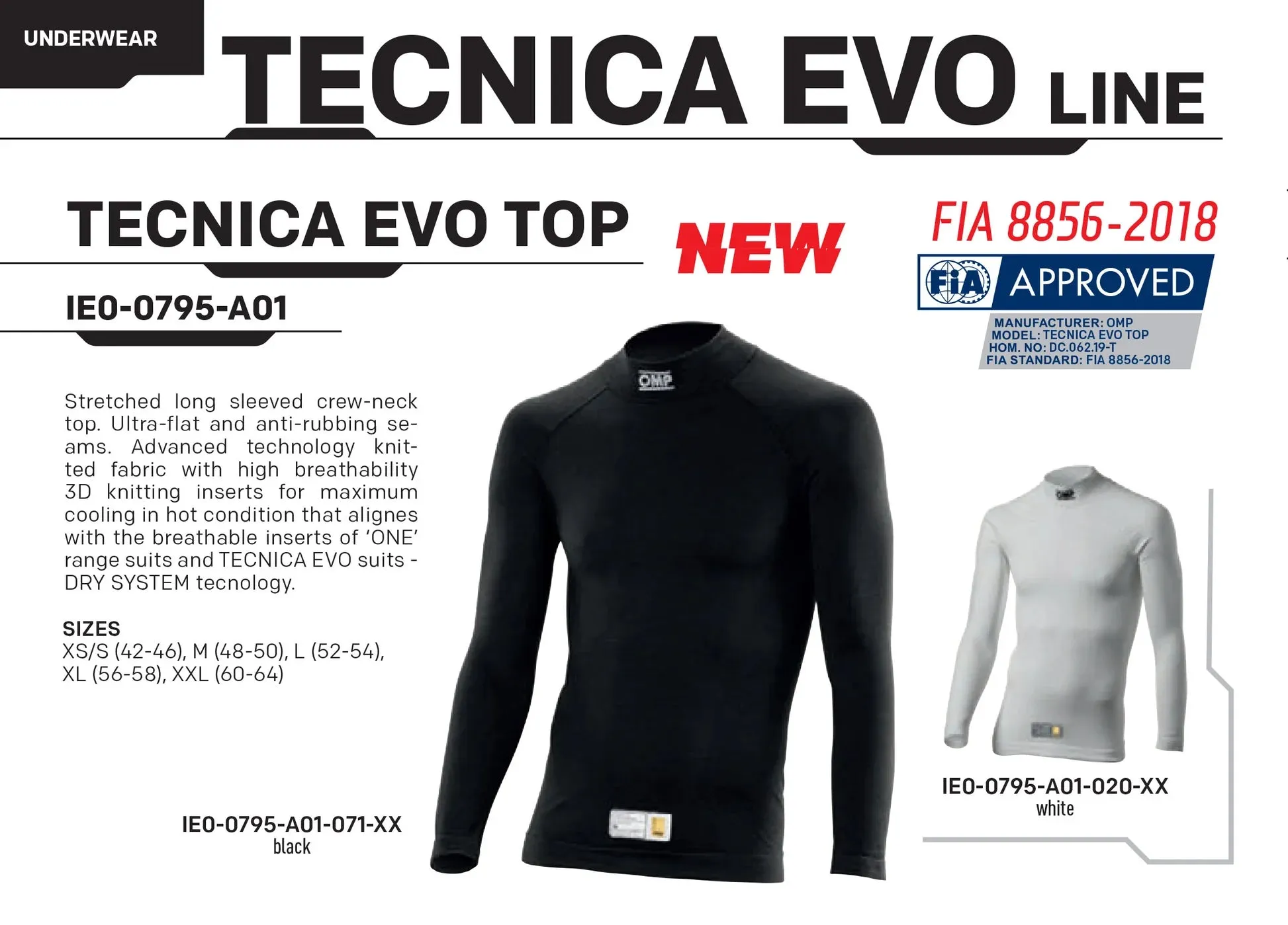 OMP Tecnica EVO Top / Pants Fireproof Underwear [FIA 8856-2018] Black or White