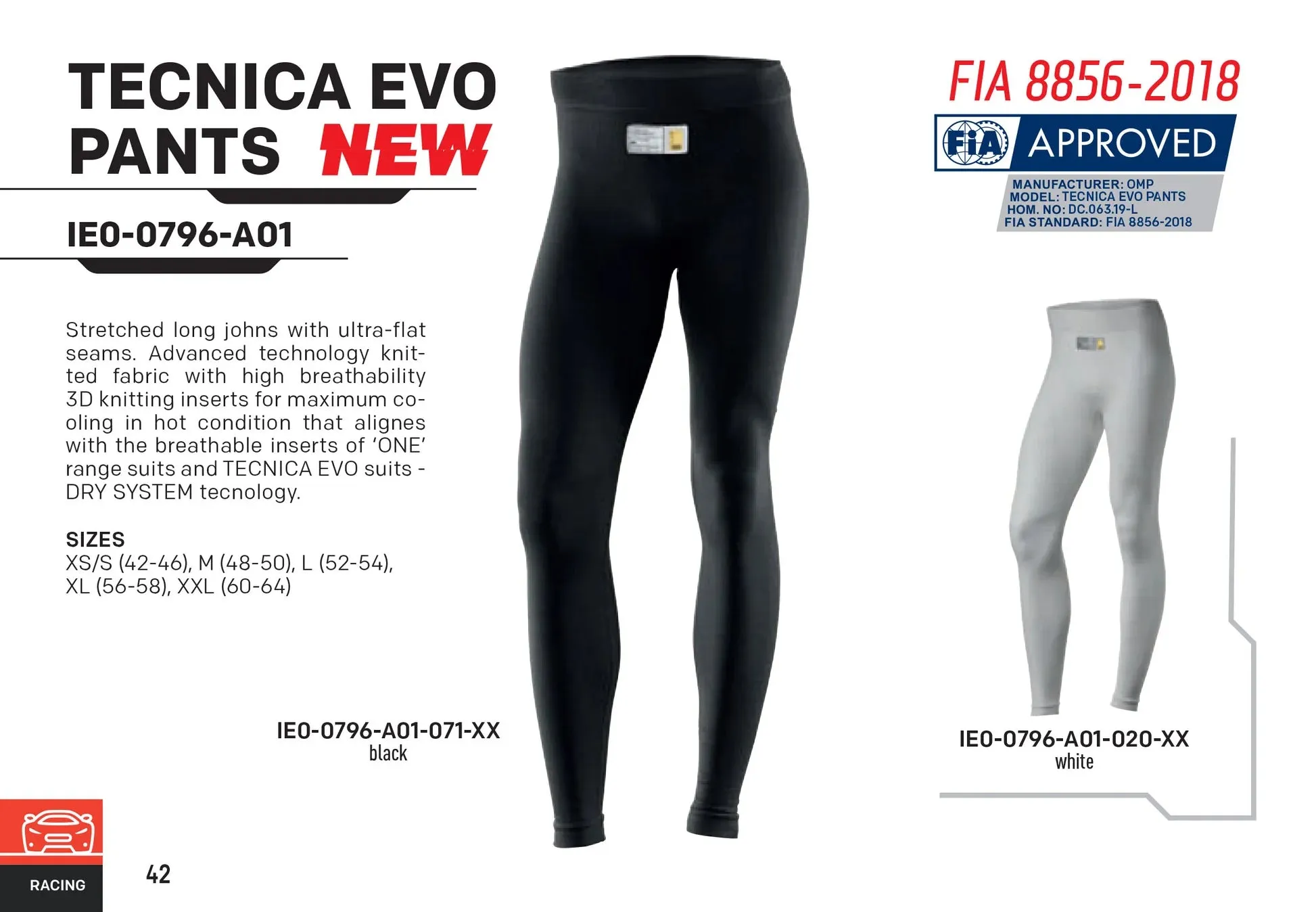 OMP Tecnica EVO Top / Pants Fireproof Underwear [FIA 8856-2018] Black or White